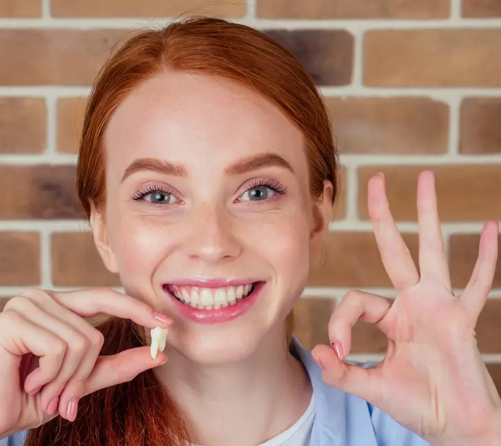 Red-haired woman smiling holding a tooth | 24th Street Dental Biltmore in Phoenix, AZ